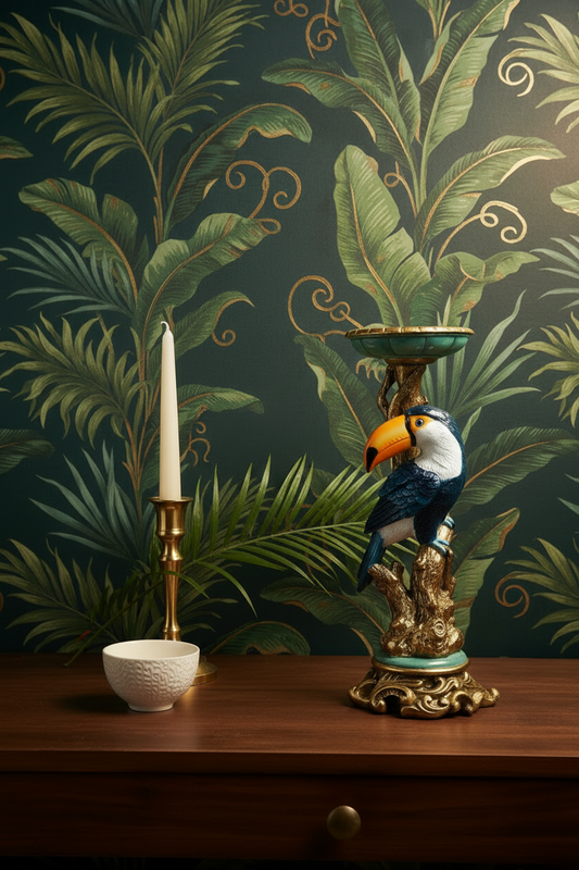 Toucan bird vintage candleholder baroque design, gold accents with colourful toucan, suitable for tables