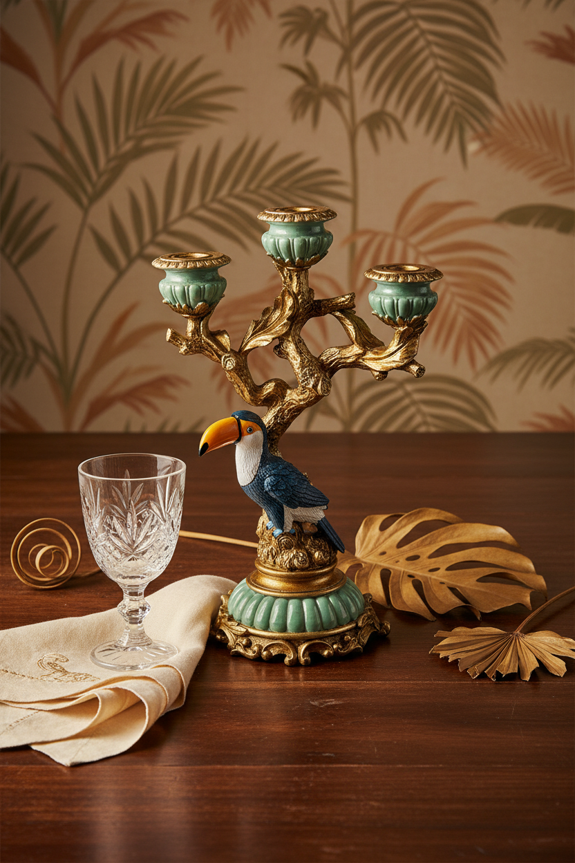 Vintage bird candelabra by Lowlands Design with three candle holders and a colourful toucan detail