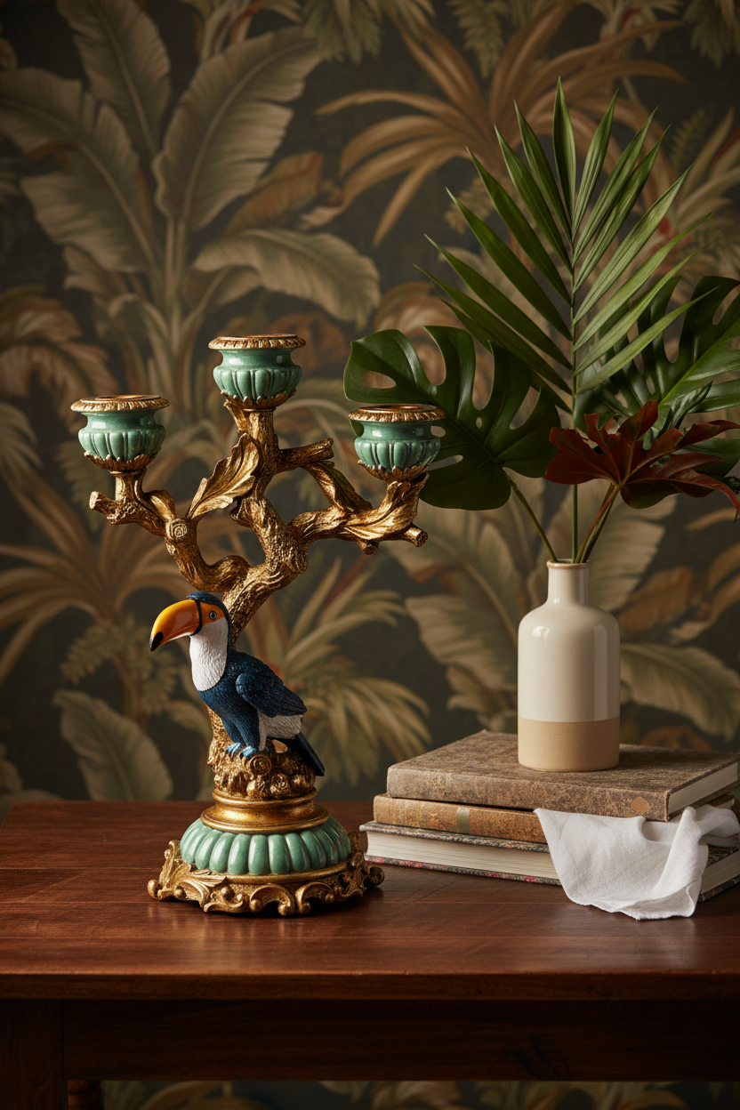 Lowlands Design vintage bird candelabra in gold and teal with a toucan detail, ideal for elegant home decor