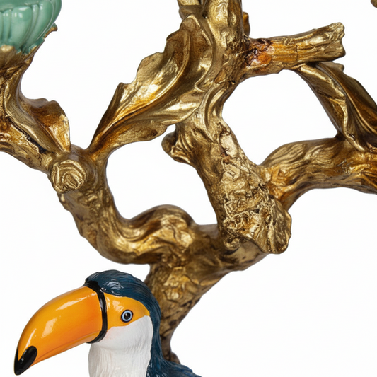 Lowlands Design vintage bird candelabra with intricate gold branches and colourful bird accents