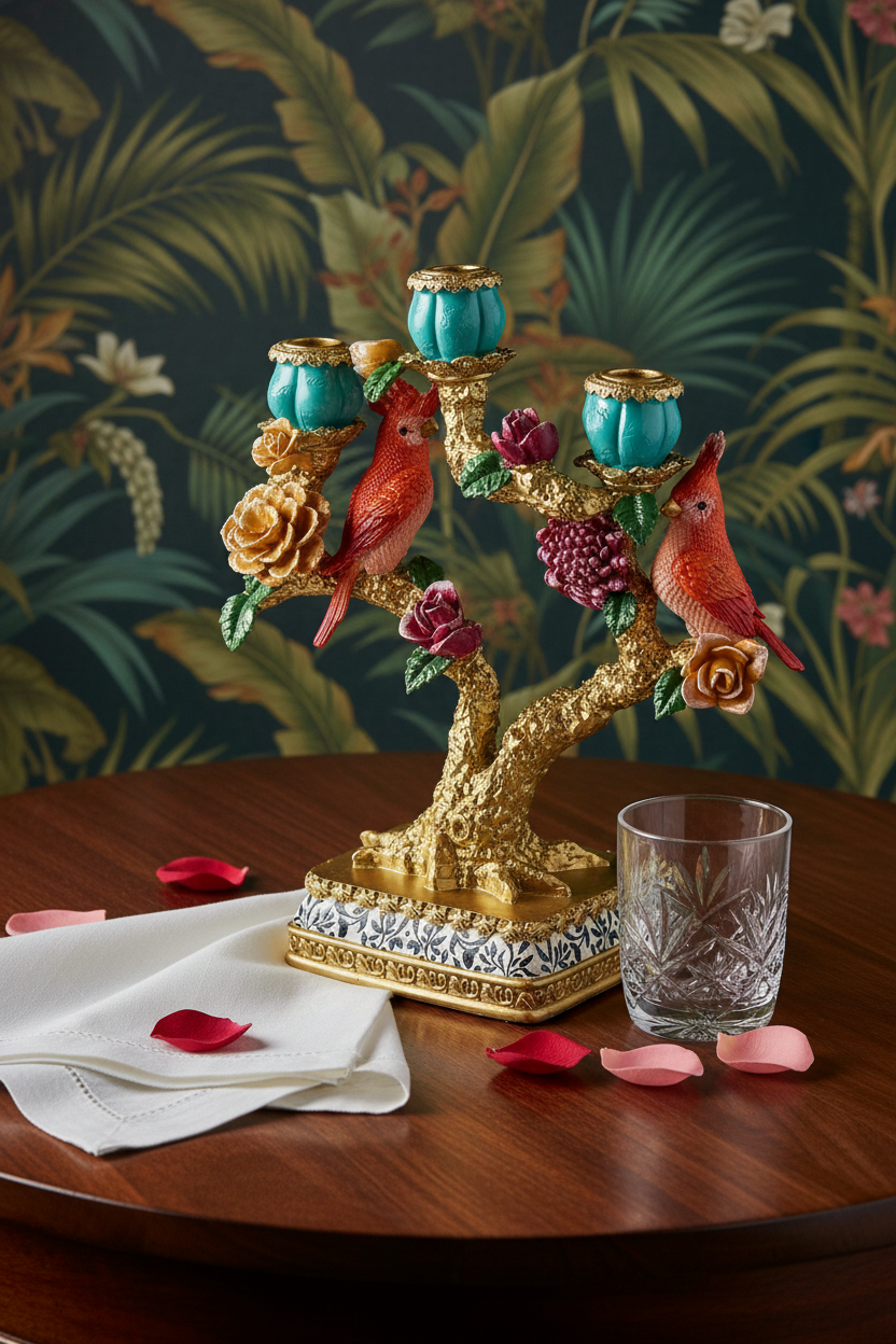 Vintage bird parrot candelabra with red birds and turquoise candle holders, ornate gold base
