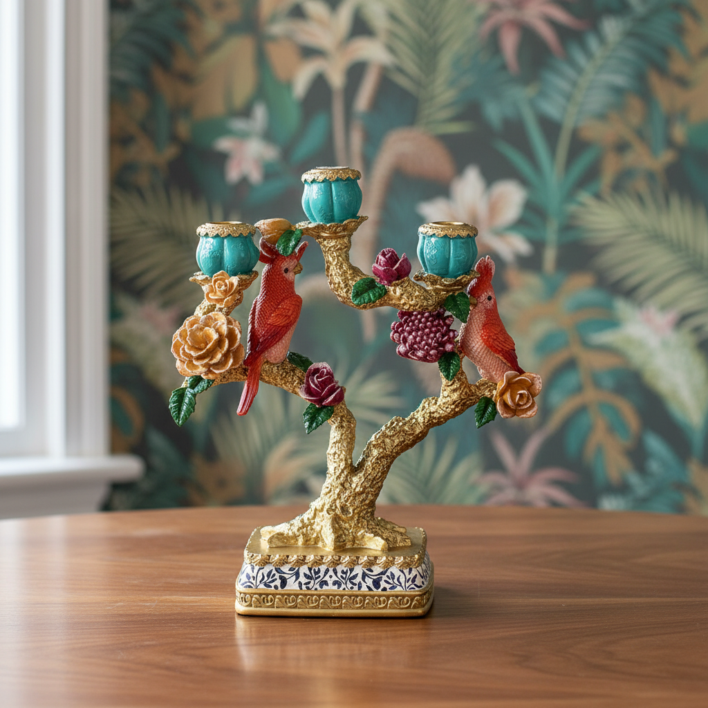 Vintage bird parrot candelabra with colourful birds, flowers, and teal candle holders in ceramic material