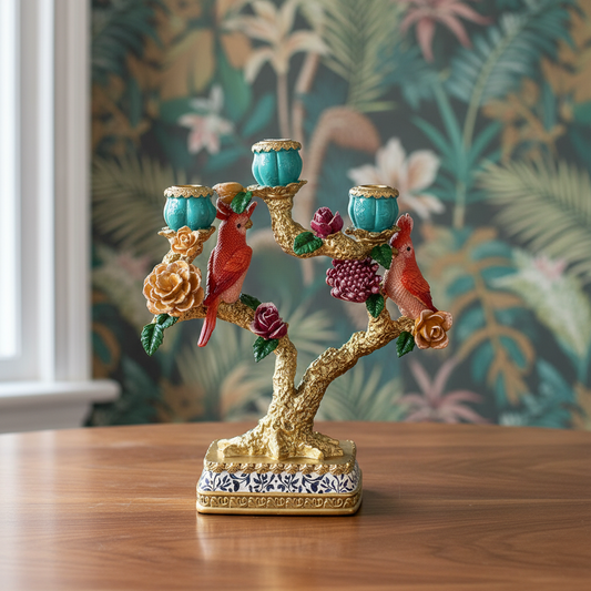 Vintage bird parrot candelabra with colourful birds, flowers, and teal candle holders in ceramic material
