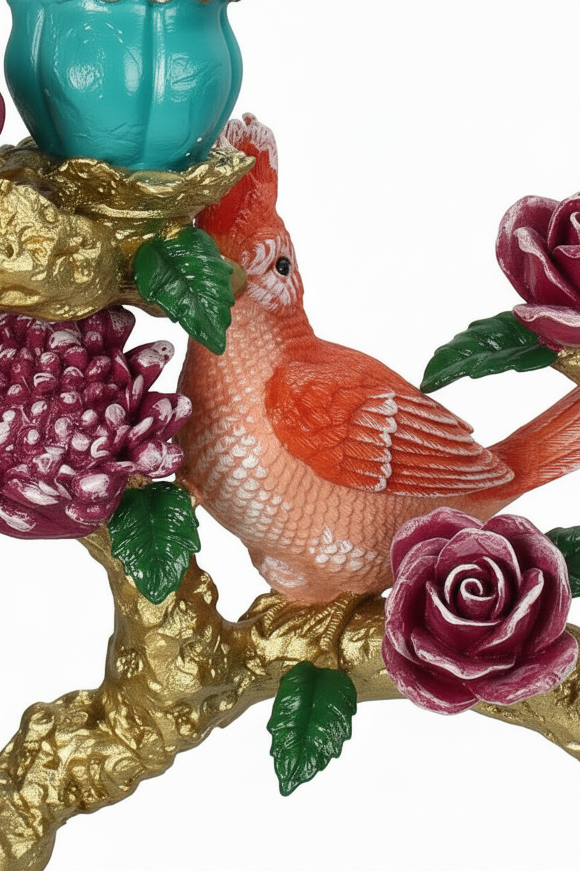 Vintage bird parrot candelabra in vibrant colours with intricate floral details