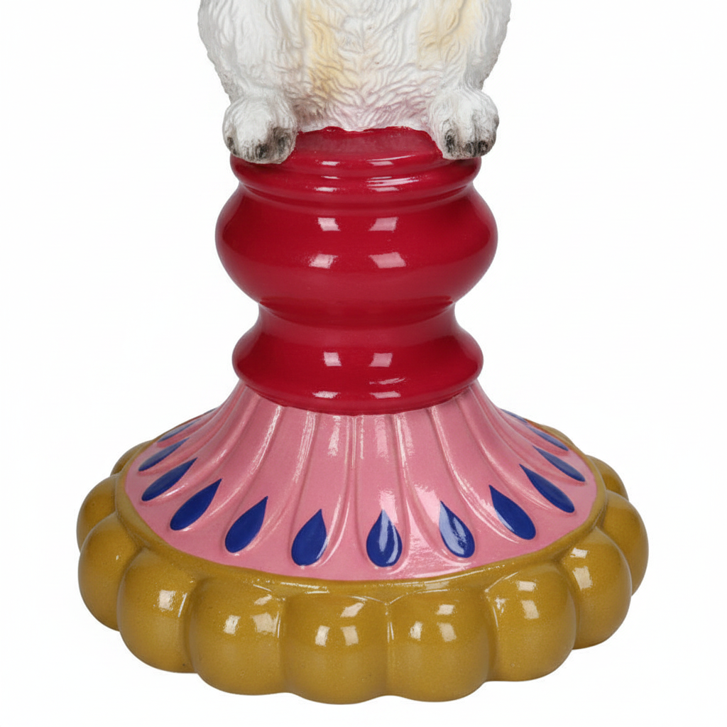 Vintage candlestick poodle dog candle holder in red, pink, and gold, 20cm tall, ceramic design by Lowlands Design