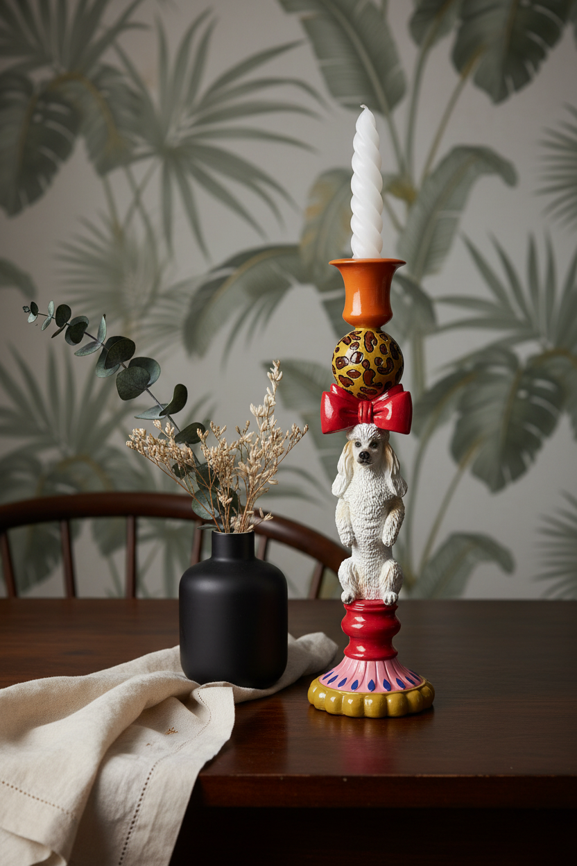 Vintage candlestick poodle dog in vibrant colours, 30cm high ceramic candle holder from Lowlands Design