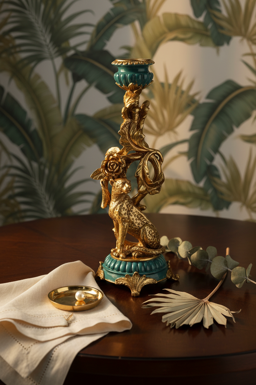 Vintage Style Leopard Candleholder - H34x12x12cm - Polyresin