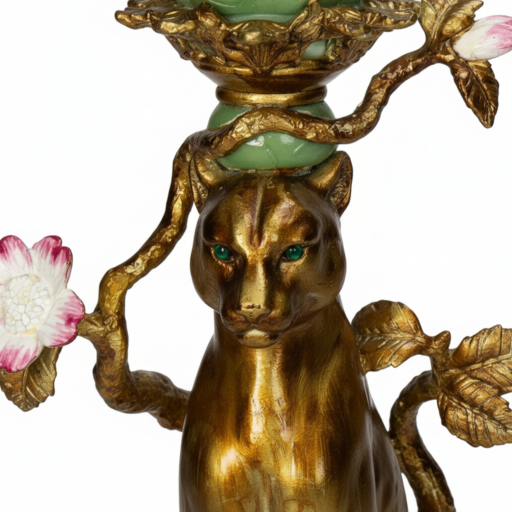 Vintage leopard candle holder from Lowlands Design, gold finish with green and pink accents for a regency hollywood tablescape.