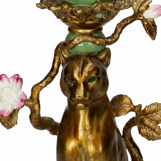 Vintage leopard candle holder from Lowlands Design, gold finish with green and pink accents for a regency hollywood tablescape.