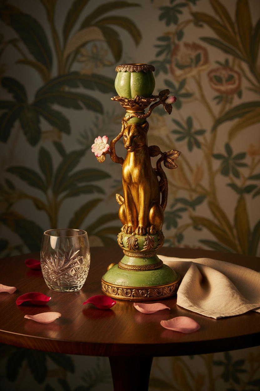 Lowlands Design vintage leopard regency hollywood tablescape candle holder in gold and green, 30cm tall