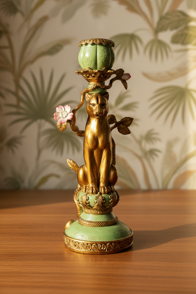 Vintage leopard candle holder in gold and green, ideal for a regency Hollywood tablescape