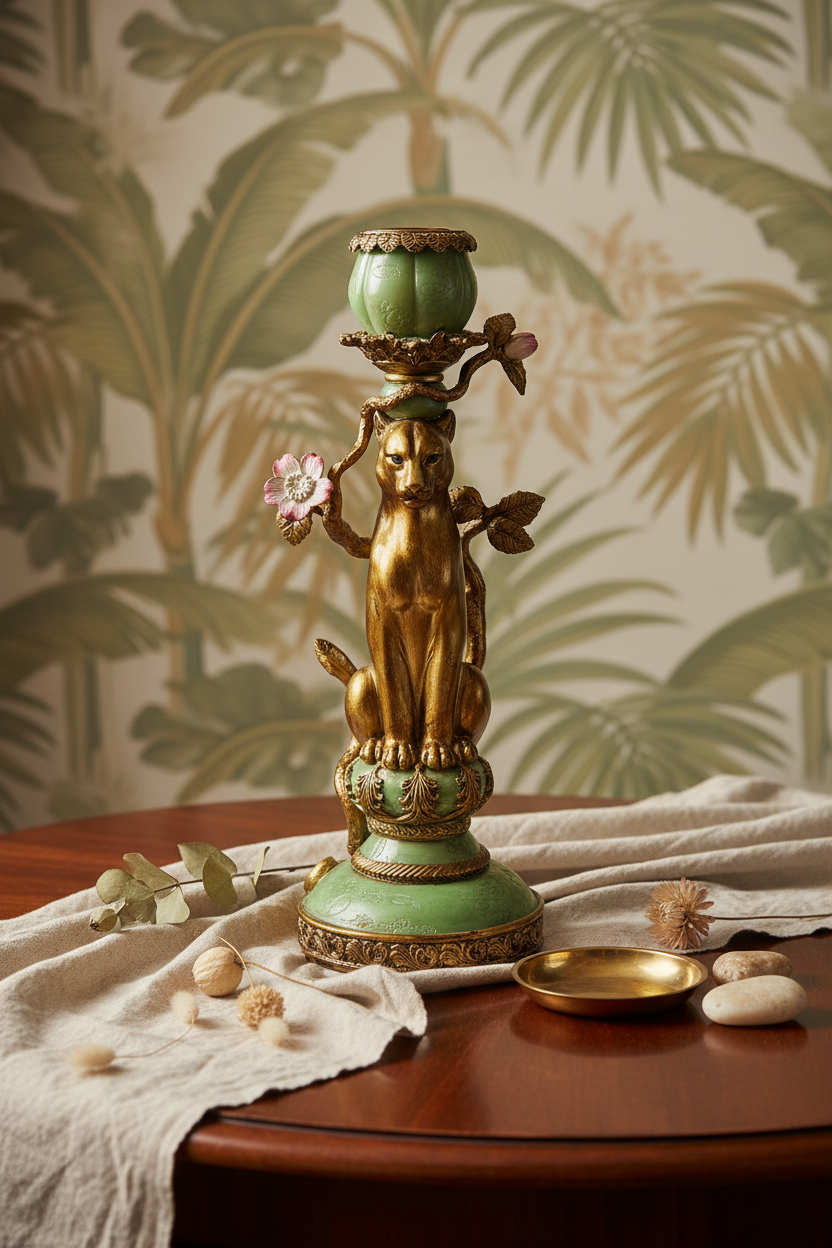 Lowlands Design vintage leopard regency hollywood table candle holder in gold and green finish