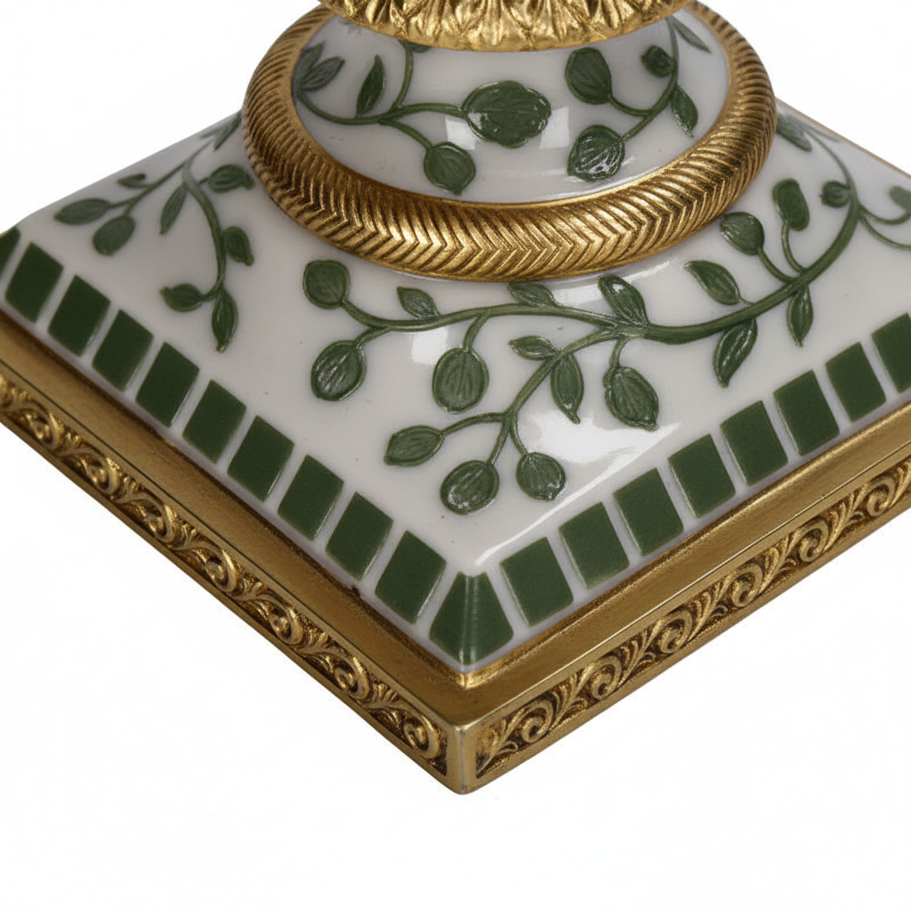 Vintage style candlestick parrot green with intricate leaf design and gold accents, 15cm tall
