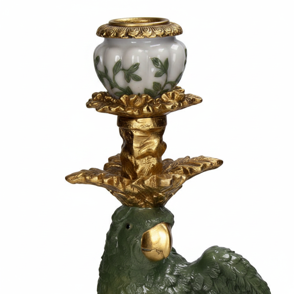Vintage style candlestick parrot green with ornate gold accents and decorative porcelain holder