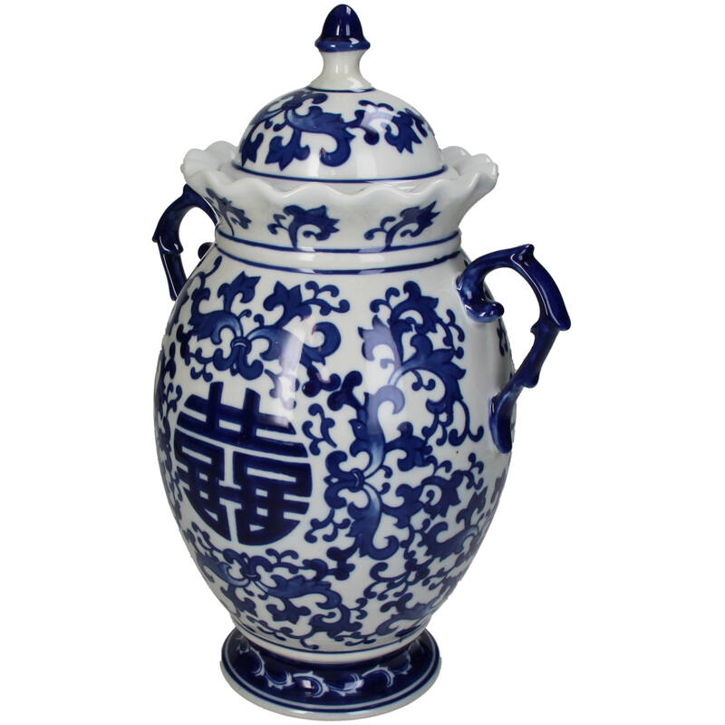 Elegant White Blue Porcelain Chinoiserie vase with intricate floral designs and traditional lid