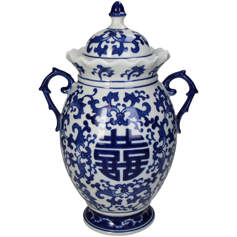 Elegant White Blue Porcelain Chinoiserie vase with intricate floral patterns and lid