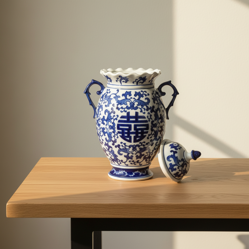 Ginger Jar Pot & Vase Delft - 34x23x18cm - White Blue Porcelain Chinoiserie
