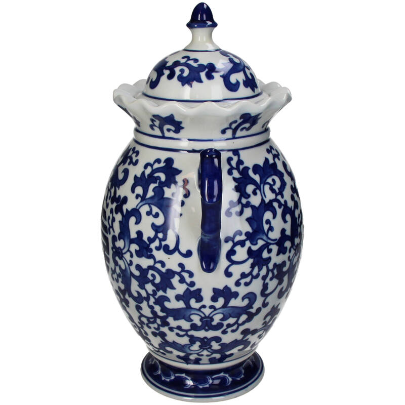 Lowlands Design White Blue Porcelain Chinoiserie vase with ornate floral patterns and lid