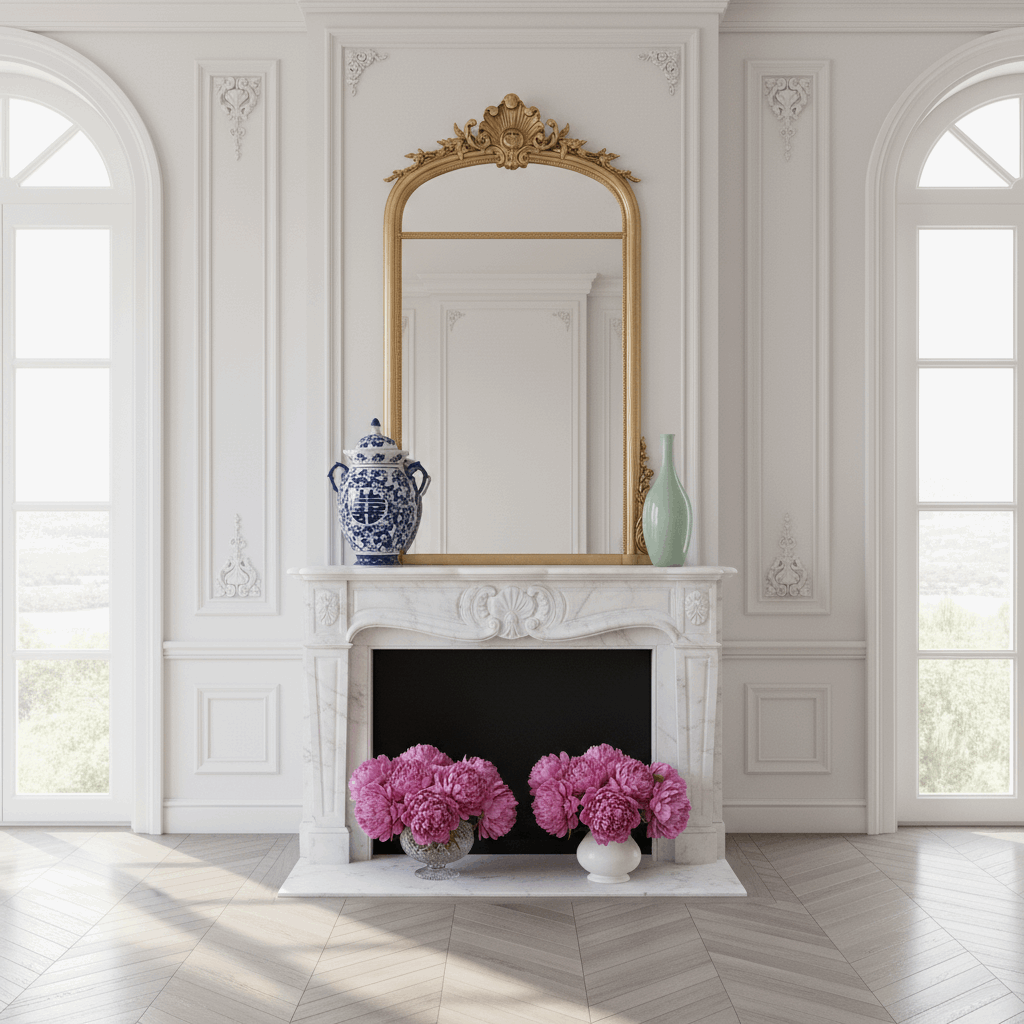 Elegant White Blue Porcelain Chinoiserie vase displayed on a fireplace with floral arrangements