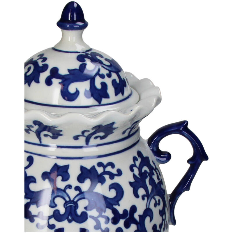 Elegant White Blue Porcelain Chinoiserie vase with intricate floral patterns and a decorative lid